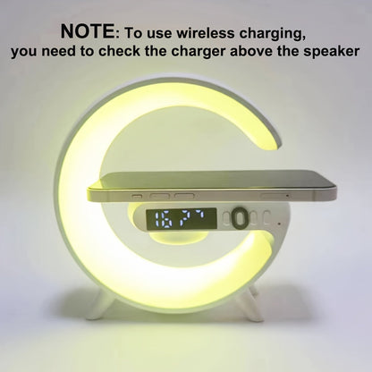 G Shaped Wireless Charger Stand Alarm Clock Bluetooth Speaker RGB Night Light Lamp Fast Charging Station Dock.