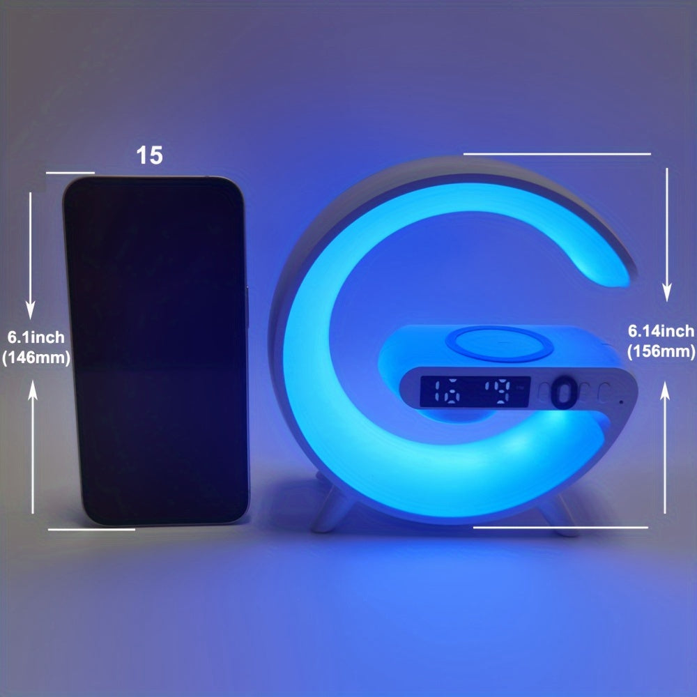G Shaped Wireless Charger Stand Alarm Clock Bluetooth Speaker RGB Night Light Lamp Fast Charging Station Dock.