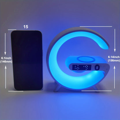 G Shaped Wireless Charger Stand Alarm Clock Bluetooth Speaker RGB Night Light Lamp Fast Charging Station Dock.