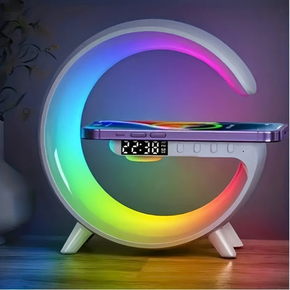 G Shaped Wireless Charger Stand Alarm Clock Bluetooth Speaker RGB Night Light Lamp Fast Charging Station Dock.