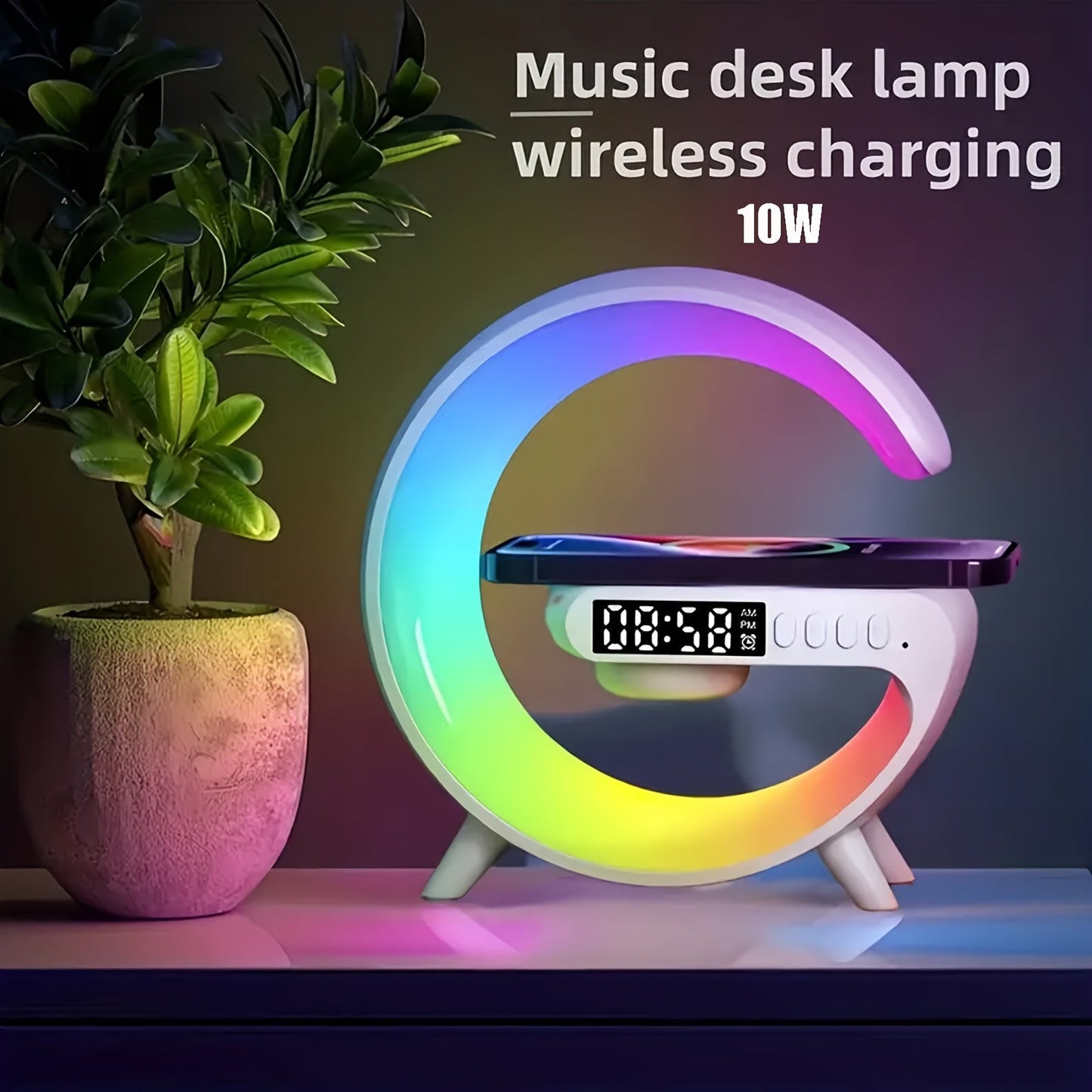 G Shaped Wireless Charger Stand Alarm Clock Bluetooth Speaker RGB Night Light Lamp Fast Charging Station Dock.