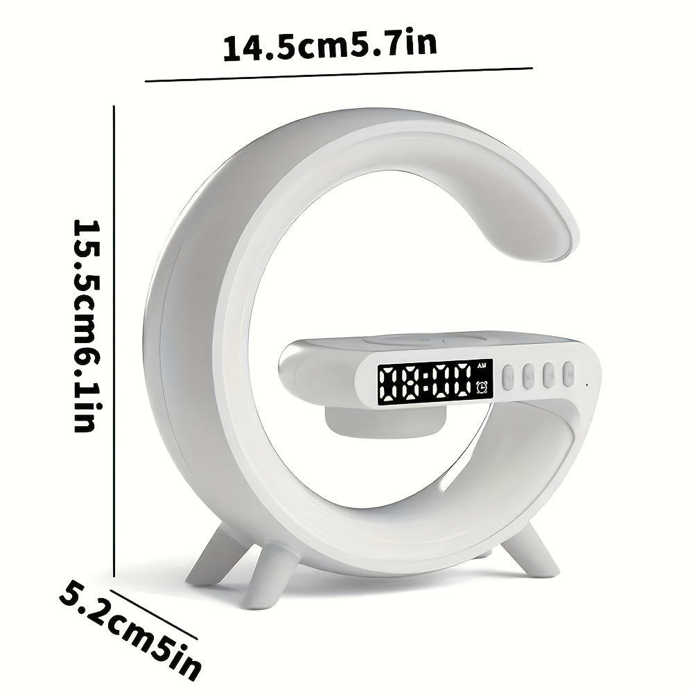 G Shaped Wireless Charger Stand Alarm Clock Bluetooth Speaker RGB Night Light Lamp Fast Charging Station Dock.