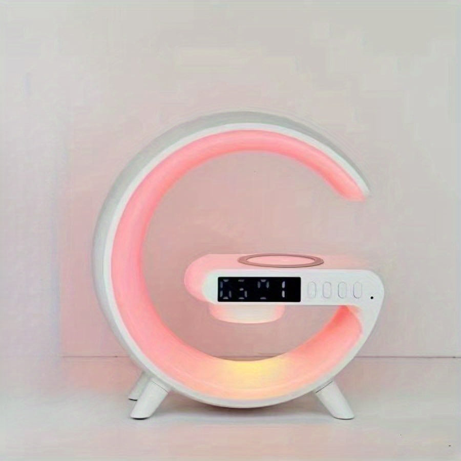 G Shaped Wireless Charger Stand Alarm Clock Bluetooth Speaker RGB Night Light Lamp Fast Charging Station Dock.