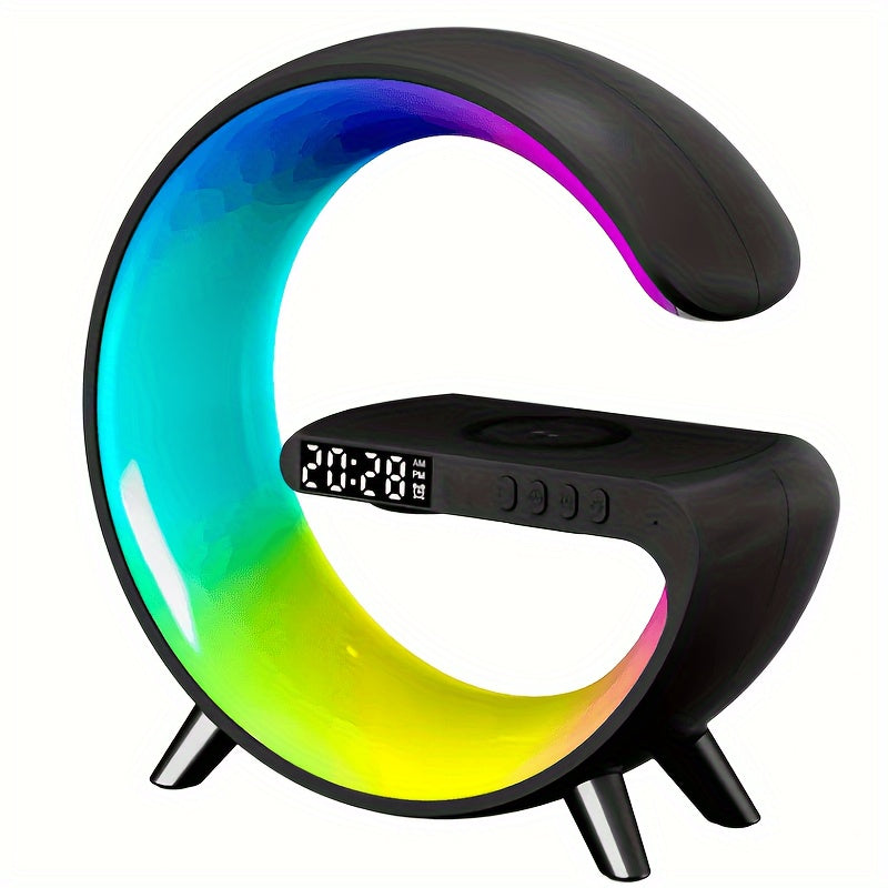 G Shaped Wireless Charger Stand Alarm Clock Bluetooth Speaker RGB Night Light Lamp Fast Charging Station Dock.