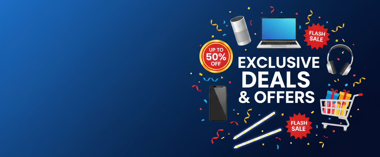 Promotional graphic with 'Exclusive Deals & Offers' on a vibrant orange and red background.